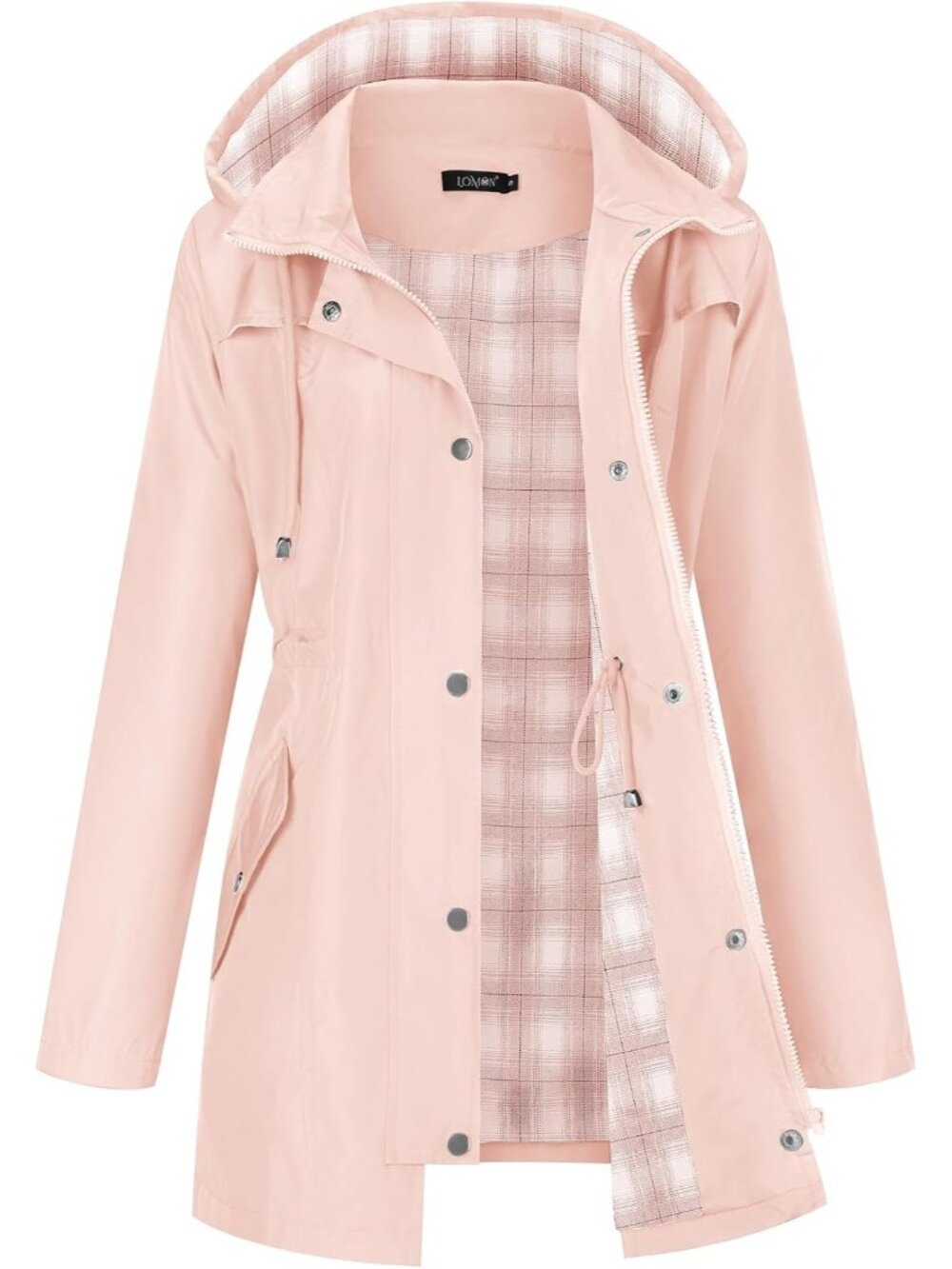 Women's Baby Pink Hooded Lined Waterproof Hiking Windbreaker Trench Rain Coat